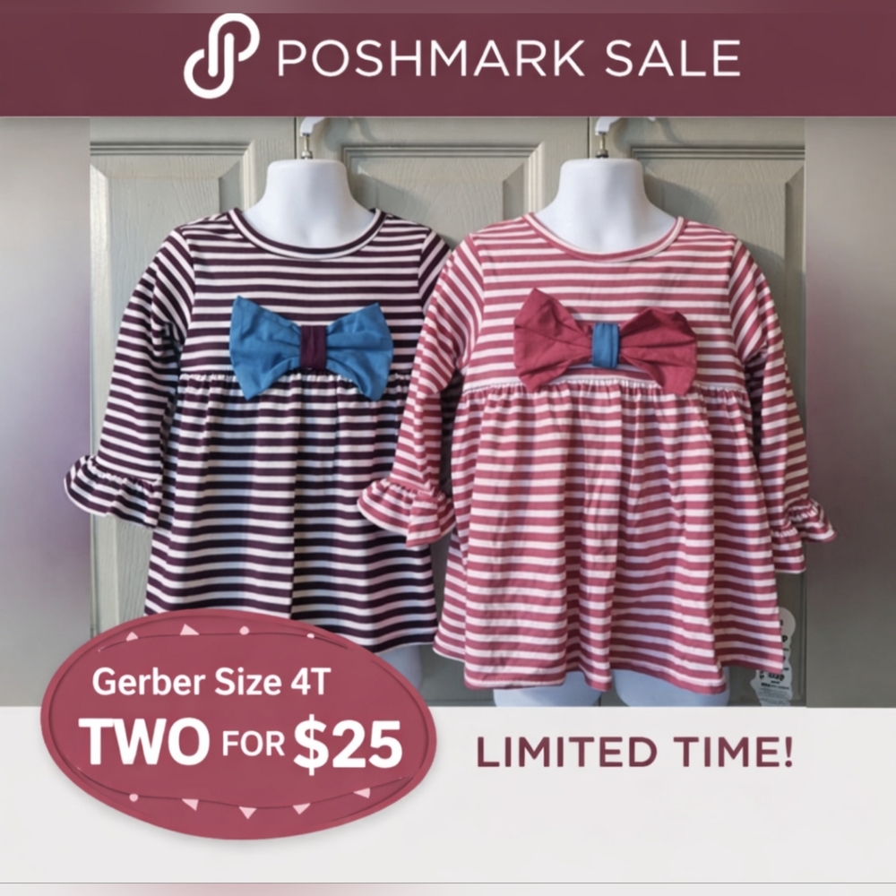 Gerber Girls 4T Striped Bow Tops Bundle Long Sleeve Pink Purple 2 - $25 NWT T1A